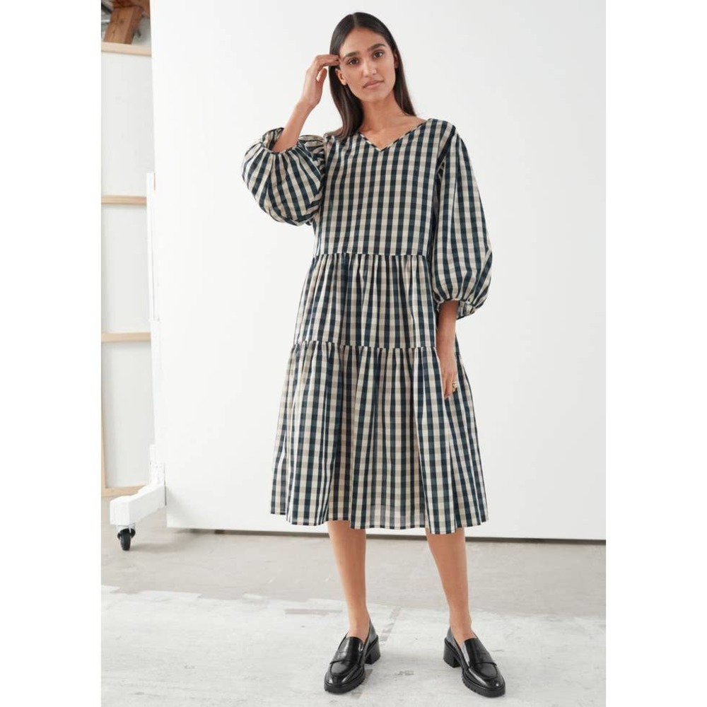 & Other Stories Puff Sleeve Check Tiered Dress